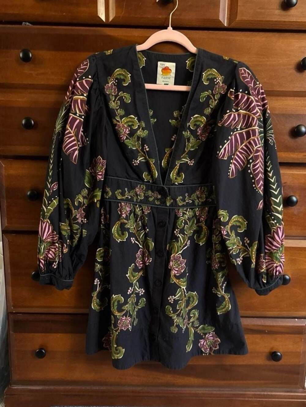 FARM Rio Black Ravenala Floral Puff Sleeve Mini Dress